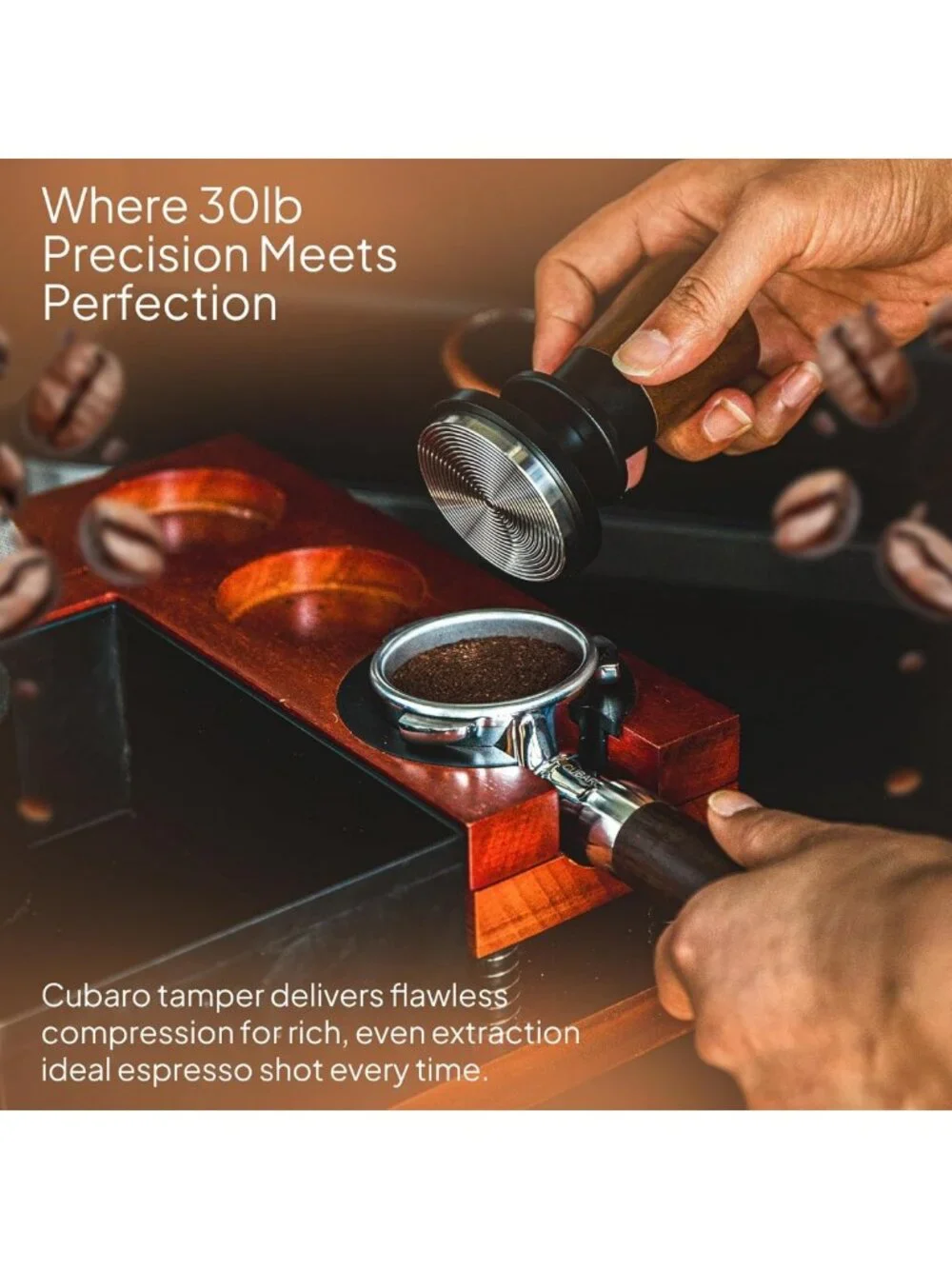 30lb Spring Loaded Espresso Tamper - Auto-Leveling Coffee Tool with Walnut
